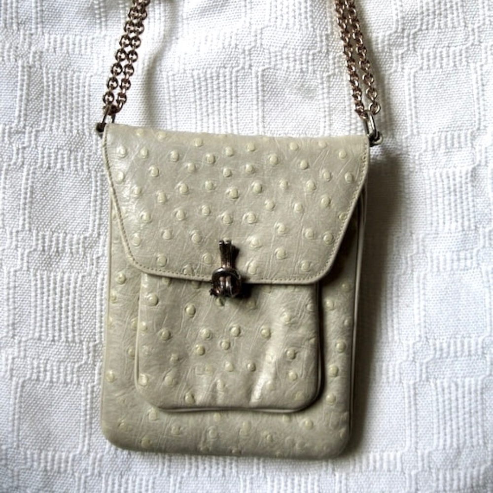 Vintage - Genuine Ostrich Skin Leather Shoulder Bag,  adjustable chain strap